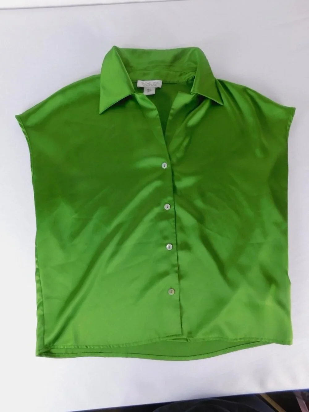 Rachel Zoe Blouse Womens Small Green Satin Collared Sleeveless Button Front